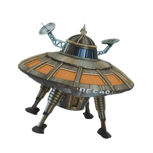 3D-Modell einer Retro-Sci-Fi-Flugscheibe (UFO) mit orangefarbenen Paneelen, Landegestell und Antennen vor schwarzem Hintergru