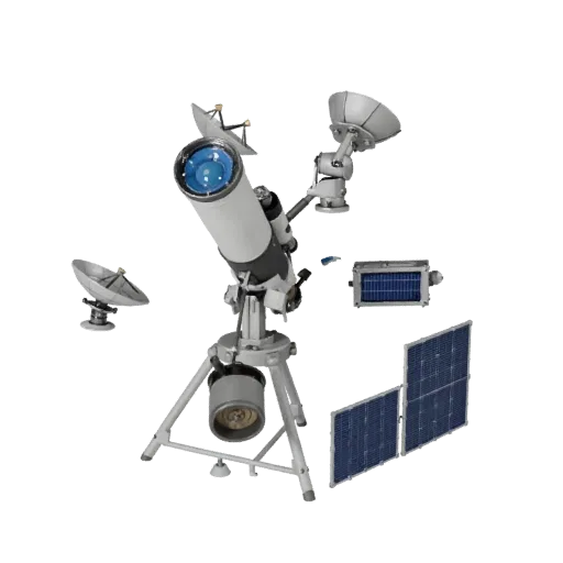 Observatory Telescope 3D model, three-quarter front view, Unity viewport, showing metal tubes, optical alignment.