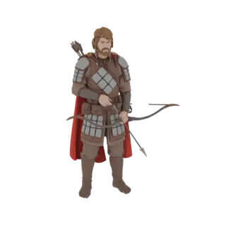 Modello 3D di un arciere medievale con mantello rosso, che tiene arco e freccia, su sfondo bianco.