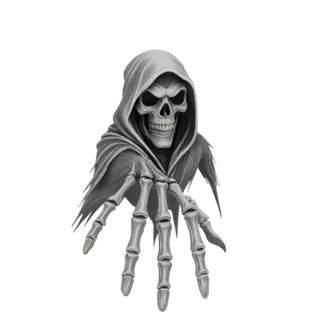 A grayscale 3D model of the Grim Reaper's skeletal hand reaching forward, with tattered cloak fabric visible.