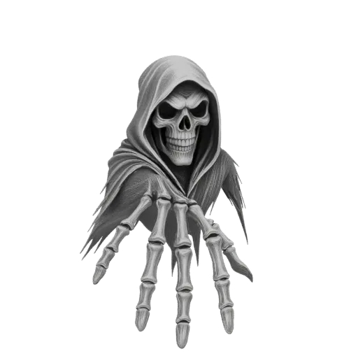 A grayscale 3D model of the Grim Reaper's skeletal hand reaching forward, with tattered cloak fabric visible.