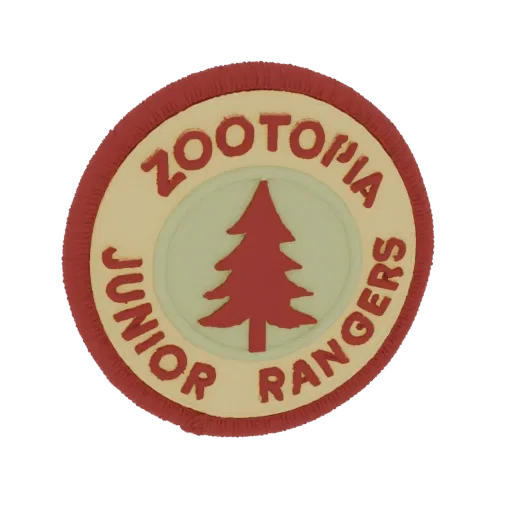 3D render of the Zootopia Junior Rangers patch, featuring a red border, cream background, red pine tree, and 'ZOOTOPIA JUNIOR