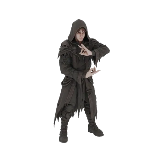 3D model of a dark mage with a hood, skull shoulder pads, and tattered robes, performing a magical gesture.