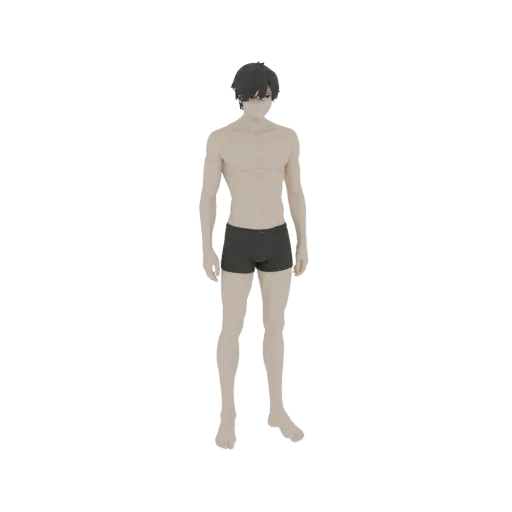 3D render of a neutral-posed, anime-style male base mesh with defined musculature and black shorts.