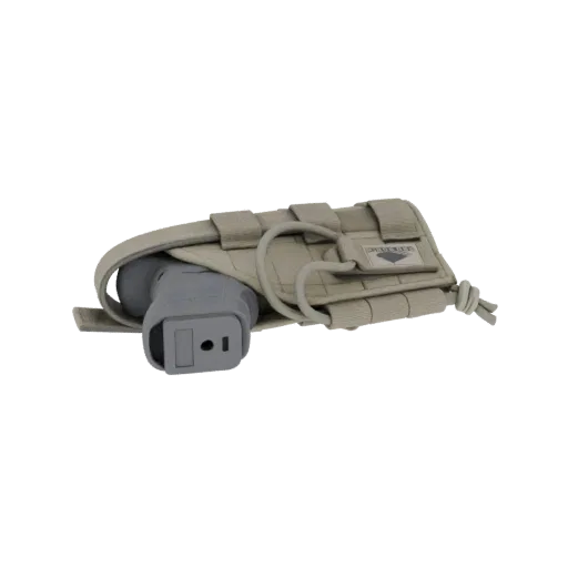 3D model of a tan tactical magazine pouch with a grey pistol magazine inserted.