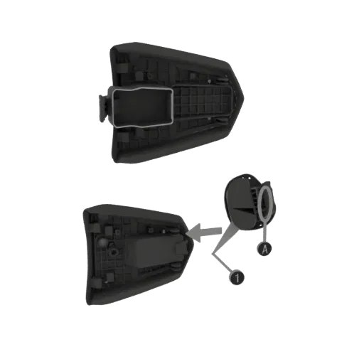 3D model of the underside of a motorcycle seat, showing the integrated storage compartment and mounting details.