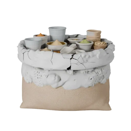 Baking Rice Sack 3D model, three-quarter front view, Unity viewport, showing powders, small ingredient shapes.
