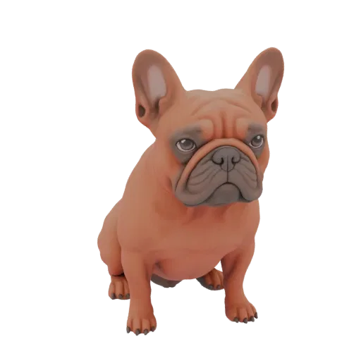 A 3D render of a brown French Bulldog sitting and looking forward, with large ears and a wrinkled face.