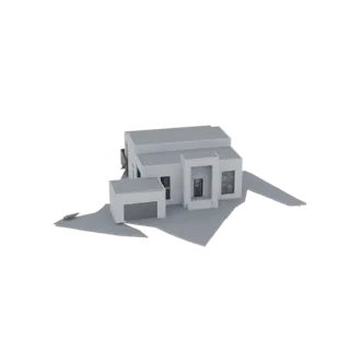 3D render of a modern minimalist house with a white facade, flat roof, large windows, and an attached garage, set against a w
