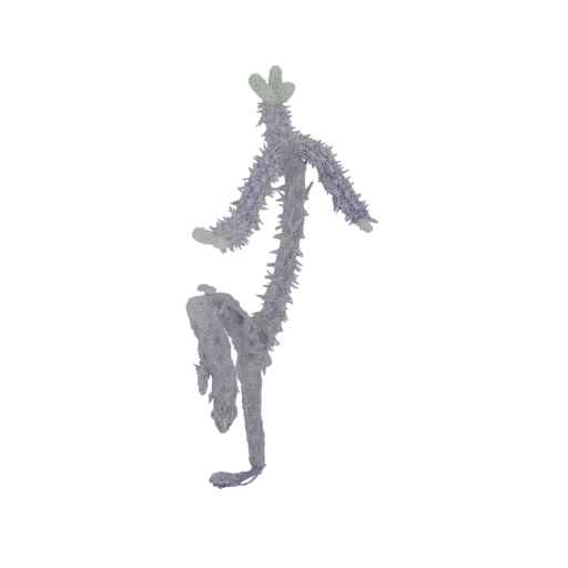 A fuzzy, lavender and green alien creature with sharp spikes, posed dynamically against a black background.