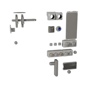 Moderne Türpaneel mit Schloss 3D-Modell, Dreiviertel-Frontansicht, Unity-Viewport, zeigt Metallscharniere, Formdetails.
