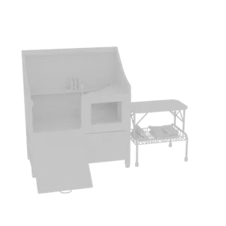 3D model of a modern kitchen sink and cabinet unit with a side table, rendered in a neutral, untextured style.