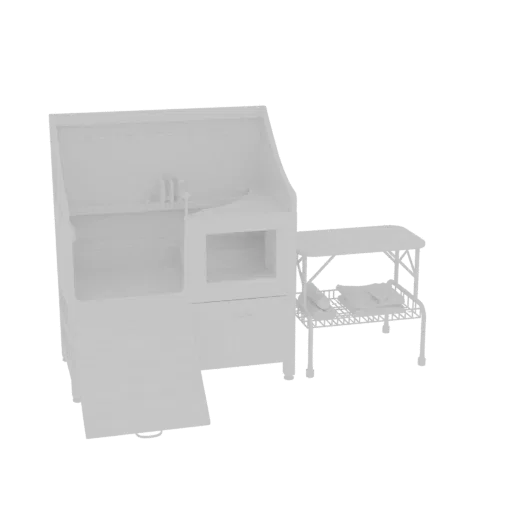 3D model of a modern kitchen sink and cabinet unit with a side table, rendered in a neutral, untextured style.
