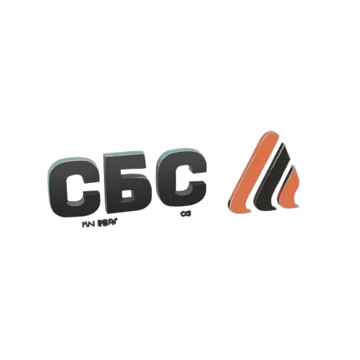 3D model of the SBC logo, featuring bold gray text and an abstract orange and black triangular emblem.