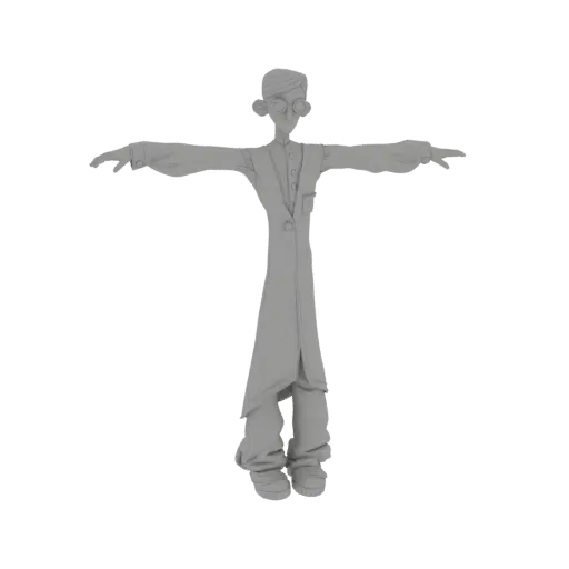 A stylized 3D model of a scientist character in a T-pose, wearing a lab coat and glasses, against a white background.