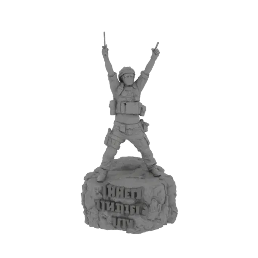3D model of a soldier in tactical gear with arms raised in victory, standing on a rocky base with inscriptions.