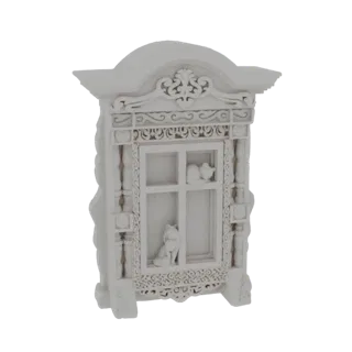 Modelo 3D de un marco de ventana ruso blanco, intrincadamente tallado, con dos gatos visibles en el interior.