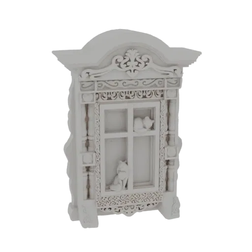 3D-Modell eines weißen, kunstvoll geschnitzten russischen Fensterrahmens mit zwei sichtbaren Katzen darin.