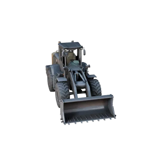 Warehouse Wheel Loader High Poly 3D model, close-up studio render, showing painted steel, large mechanical silhouettes.