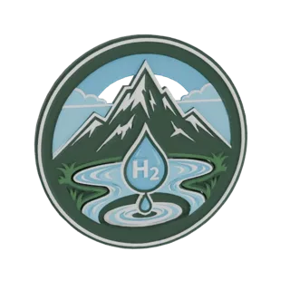 3D model of a circular emblem featuring a mountain range, a river, and a water droplet with 'H2' inside.