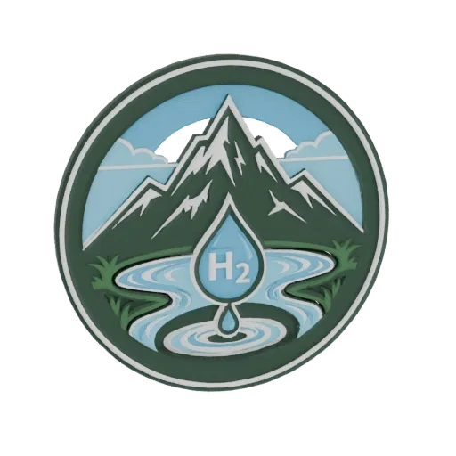 3D model of a circular emblem featuring a mountain range, a river, and a water droplet with 'H2' inside.