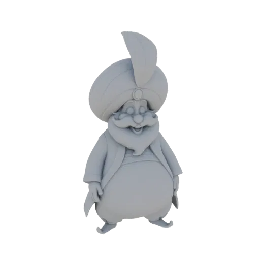 A 3D render of a chubby, cartoonish genie character wearing a large, colorful turban and a friendly smile, isolated on a whit
