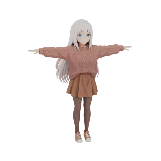 3D model of an anime girl with white hair, wearing a pink sweater and brown skirt, in a T-pose.