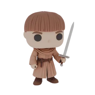 Modèle 3D d'un personnage moine style Funko Pop, portant une robe marron et tenant une épée, sur fond blanc.