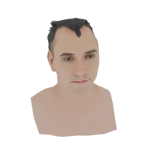 3D render of an AI-generated male bust with short dark hair and a neutral expression, presented on a white background.