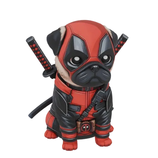 3D model of a pug wearing a Deadpool costume, complete with mask and katanas, sitting and looking forward.