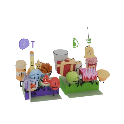 3D render of a birthday party scene with cartoonish characters, a cake, gifts, and snacks on tiered platforms.