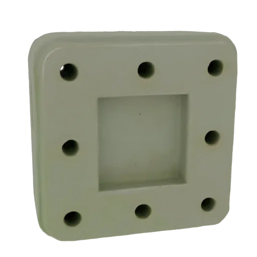 3D render of a light-colored square base with a recessed central square and eight circular mounting holes around the perimete