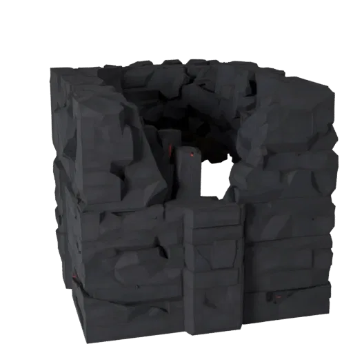 Lava Cave Chamber Low Poly 3D model, game viewport three-quarter view, showing aged stone, lava channels.