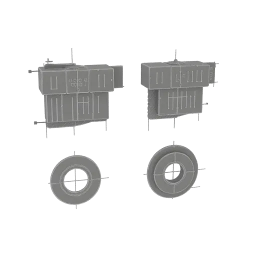 3D render of a gray industrial pipe connector with ribbed texture and circular flanges, shown from two angles with correspond