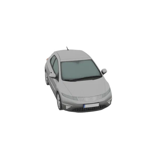 A 3D render of a silver hatchback car, viewed from a slightly elevated front-right angle against a black background.