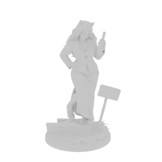 3D-Modell einer anspruchsvollen Katzenfrau im Anzug, die eine Weinflasche hält und auf einem Sockel mit einem kleinen Schild