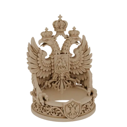 3D model of a double-headed eagle coat of arms stand with two crowns and intricate base details.