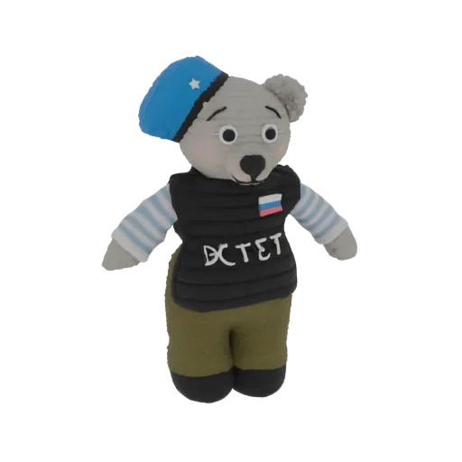 3D model of a tactical bear toy wearing a blue beret and a black vest with a Russian flag patch.