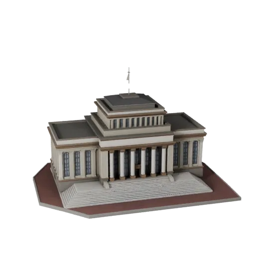 Modelo 3D estilizado de Salón del Pueblo, vista isométrica de entorno de juego estilizado, mostrando materiales de edificio p