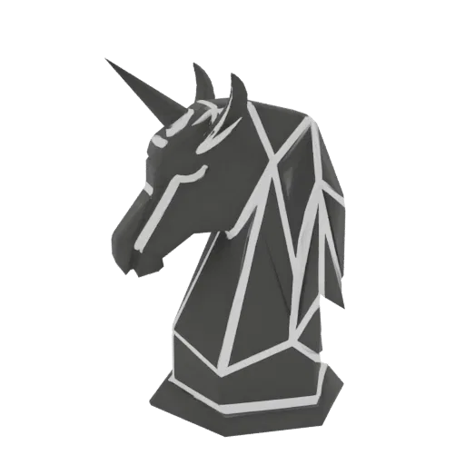 A 3D render of a geometric unicorn chess piece, depicted in dark gray with sharp white outlines, set against a black background.