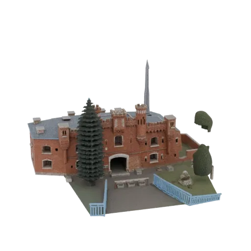 Modello 3D di una fortezza in mattoni rossi con torri, una guglia, un albero sempreverde, cespugli e una recinzione blu, su s