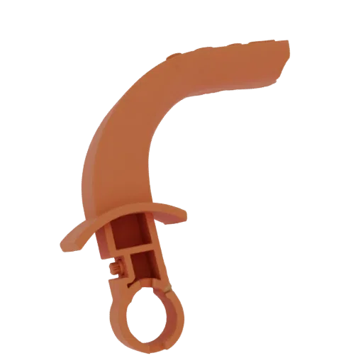 3D model of a curved orange medical airway tube with a connector and ring