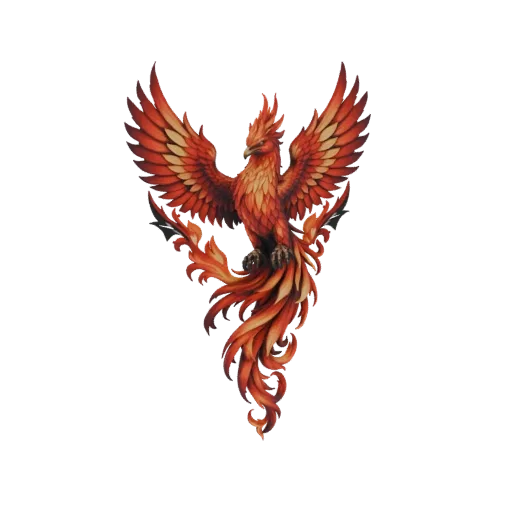 3D model of a fiery phoenix with outstretched wings and a flowing, flame-like tail, rendered in shades of red, orange, and yellow.