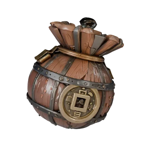 Cursed Coin Pouch 3D model, three-quarter front view, Unreal Engine viewport, showing aged wood, form detail.