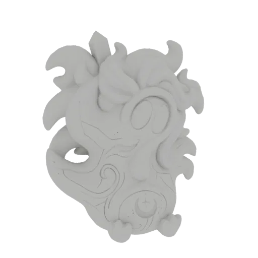 3D model render of a stylized mythical beast pendant with a flame-like mane and intricate markings.