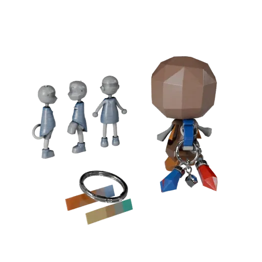 Festival Keychain Low Poly 3D model, game viewport three-quarter view, showing metal, small wearable silhouette.