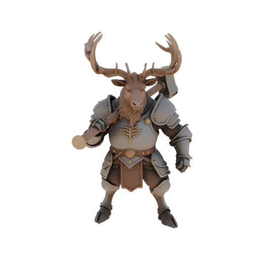 3D model of a knight deer in armor with a hammer on its shoulder, standing on two hooves