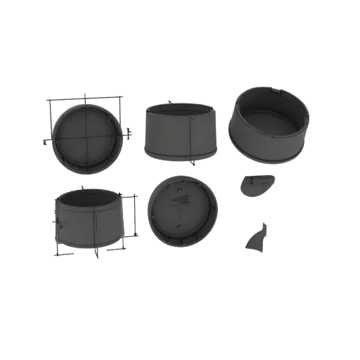 3D render of a dark gray cylindrical container with a separate lid, showing internal grid structure.