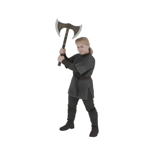3D model of a young Viking warrior in chainmail, holding a large double-bladed axe in a ready-to-strike pose.