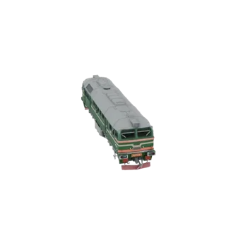 3D-Modell einer grün-orangen M62 Diesellokomotive, von leicht erhöhter Front-Rechts-Ansicht.